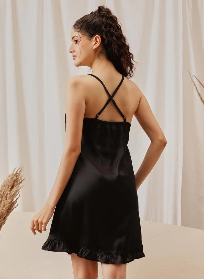 Clovia  Women Black Padded Satin Nightdress with Robe Set for Women | Best Price UAE